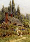 Famous West Paintings - Children On A Path Outside A Thatched Cottage, West Horsley, Surrey